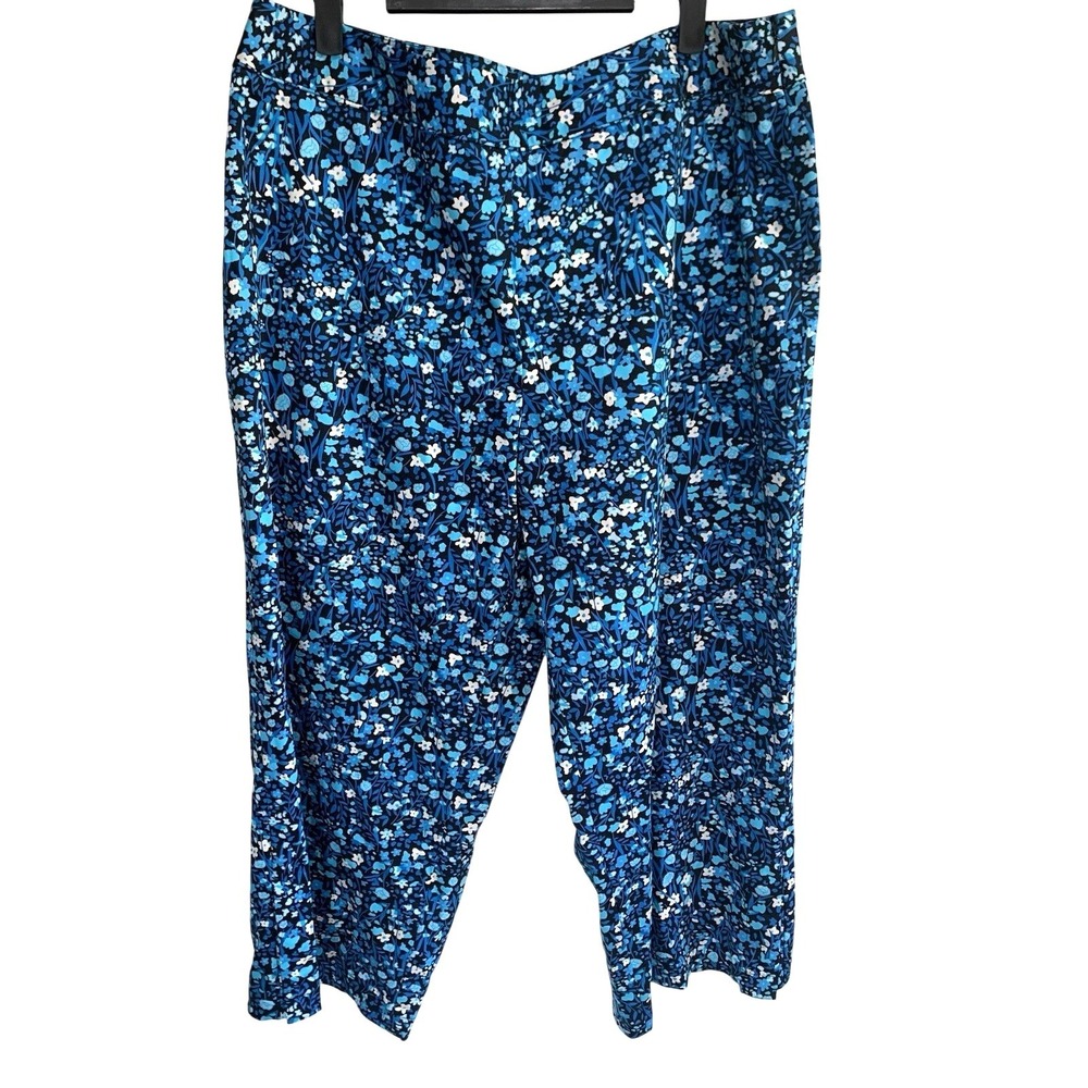 Womens Cottagecore Size 16 Blue Floral Print Flat Front Capri Pants Side Zip